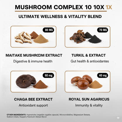 Mushroom Complex 10X Capsules – Immune & Brain Support | 10 Potent Medicinal Mushrooms | 60 Capsules | Made in USA