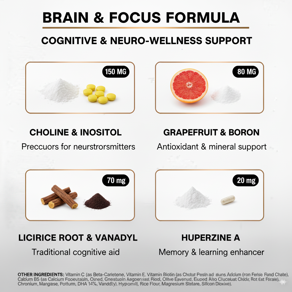 Brain & Focus Formula Capsules – Memory & Mental Clarity Support | Nootropic Mushroom & Herbal Blend | 60 Capsules | Made in USA