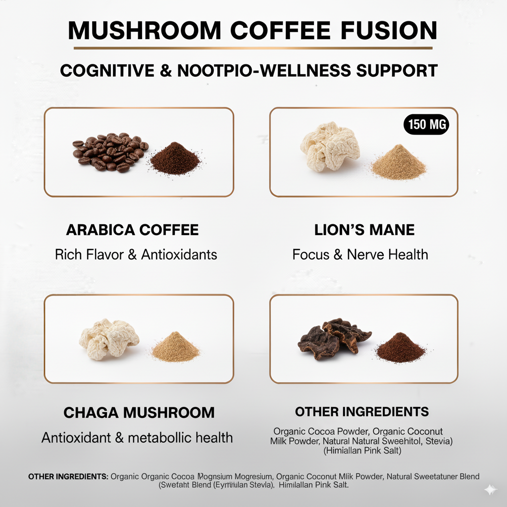 Mushroom Coffee Fusion – Focus, Immunity & Energy | Lion’s Mane & Chaga 1200mg Nootropic Blend | 16oz | Made in USA