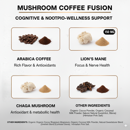 Mushroom Coffee Fusion – Focus, Immunity & Energy | Lion’s Mane & Chaga 1200mg Nootropic Blend | 16oz | Made in USA