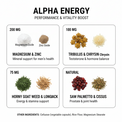 Alpha Energy – Boost Men's Vitality, Lean Muscle & Energy in Weeks | Tribulus, Horny Goat Weed & Zinc | 90 Capsules | Made in USA
