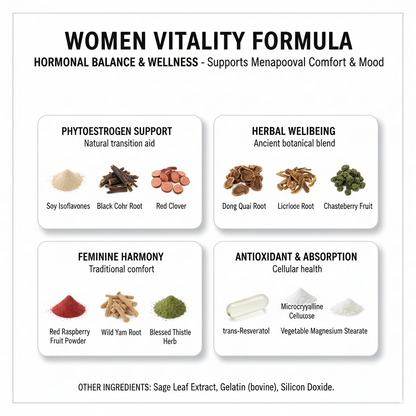 Women's Vitality – Support Hormonal Balance, Reproductive Health & Well-Being | Dong Quai, Red Clover & Black Cohosh | 60 Capsules | Made in USA