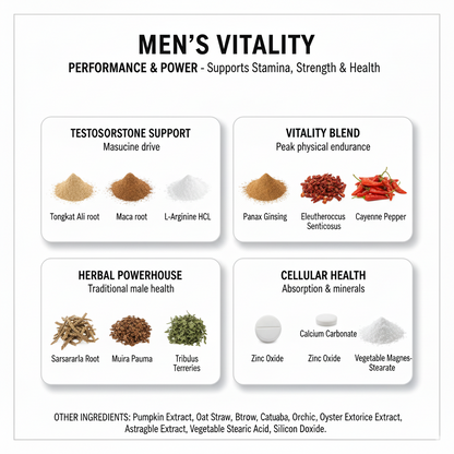 Men's Vitality – Support Libido, Energy & Male Performance | Tongkat Ali, L-Arginine & Ginseng Blend | 60 Tablets | Made in USA