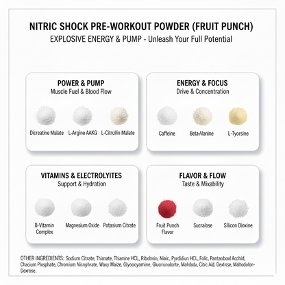 Nitric Shock Pre-Workout Powder – Explosive Energy, Strength & Pumps | 23 Key Nutrients, Fruit Punch Flavor | 300g | Made in USA
