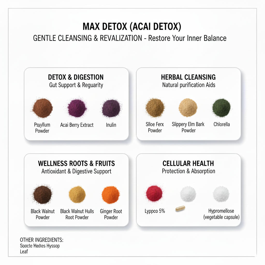 Max Detox – Acai Berry Cleanse with Psyllium & Chlorella | Natural Detox & Digestive Health Support | 60 Vegetarian Capsules Made in USA