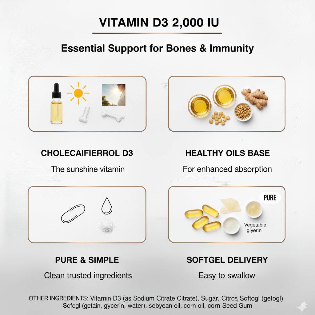 Vitamin D3 2000 IU – Bone, Teeth & Immune Support | Energy & Mood Balance | 100 Softgels Made in USA