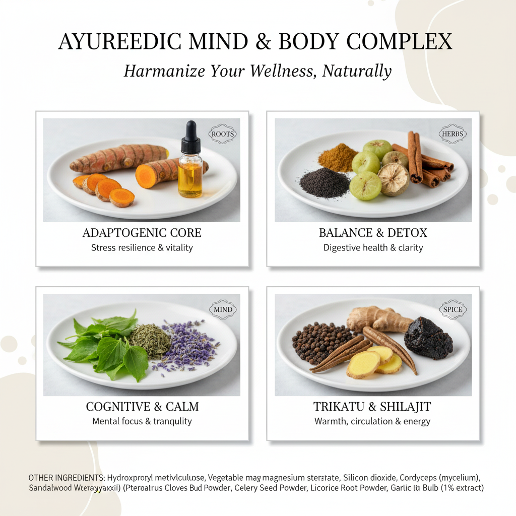 Ayurvedic Mind & Body Complex – Ashwagandha, Turmeric & Holy Basil | Adaptogenic Herbal Blend for Stress, Digestion & Vitality | 60 Capsules Made in USA