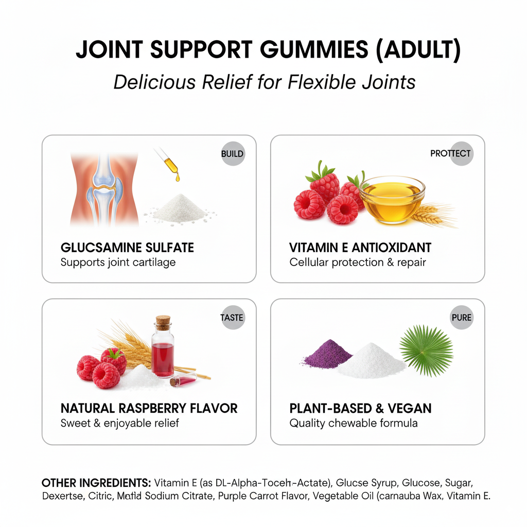 Joint Support Gummies for Adults – Glucosamine for Cartilage & Mobility | Relieve Stiffness & Active Joint Support | Raspberry Flavor | 60 Gummies | Made in USA