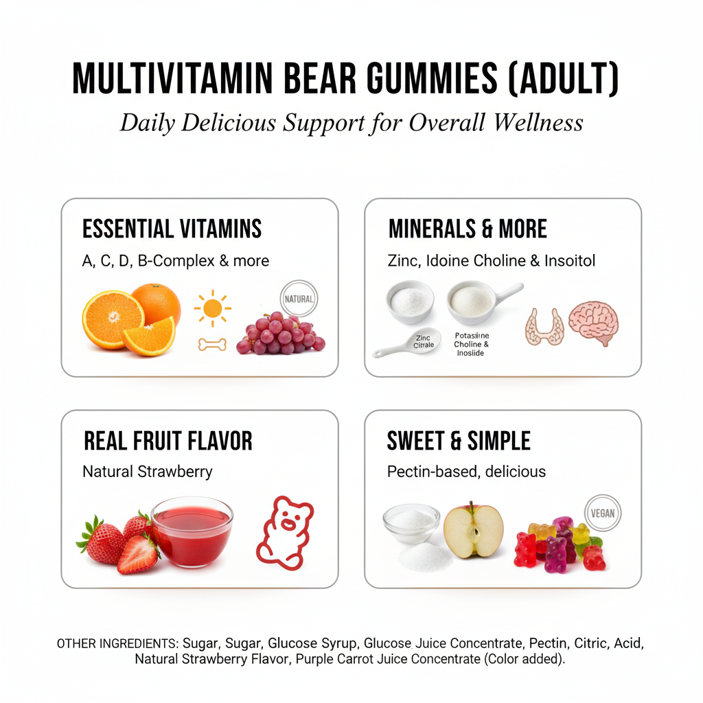 Multivitamin Bear Gummies for Adults – Daily Immune, Energy & Wellness Support | Strawberry Flavor | 60 Gummies | Made in USA