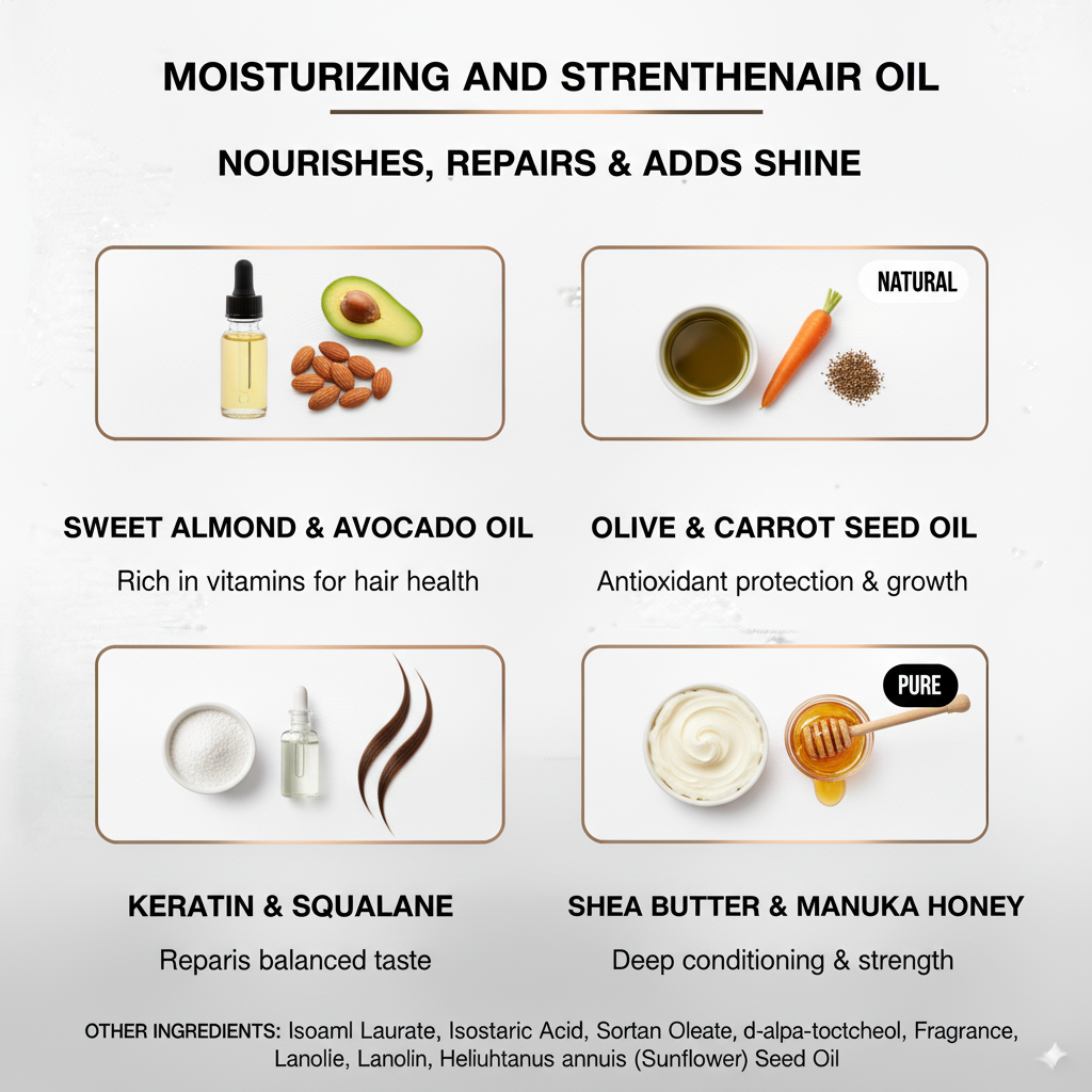Moisturizing & Strengthening Hair Oil – Deeply Nourish, Soft & Manageable Hair in Weeks | Sweet Almond, Avocado & Keratin Blend | 1 fl oz (30ml) | Made in USA